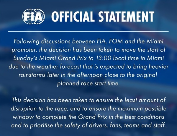FIA公式声明:2026年F1マイアミGP レース時間変更