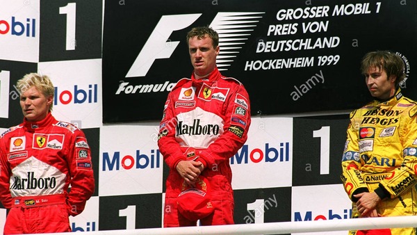 1位エディ・アーバイン（フェラーリ）、2位ミカ・サロ（フェラーリ）、3位ハインツ-ハラルド・フレンツェン（ジョーダン無限ホンダ）：1999年F1ドイツGP