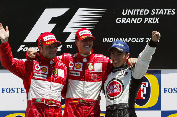 佐藤琢磨3位、ミハエル・シューマッハ優勝、ルーベンス・バリチェロ2位:2004年F1アメリカGP表彰台