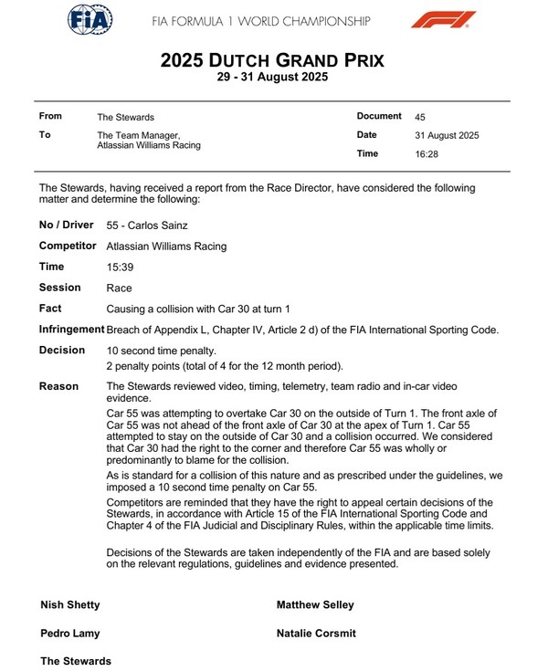 10秒タイムペナルティと2ペナルティポイント：2025年F1オランダGP