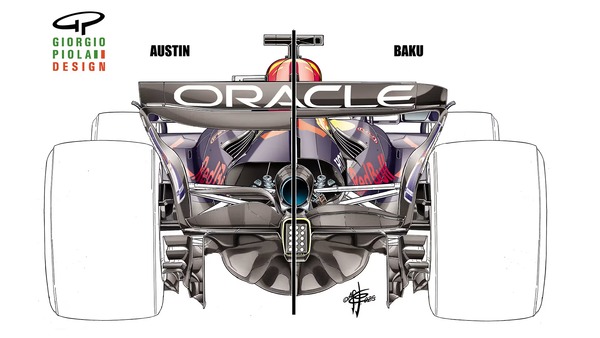 レッドブルRB21：リア冷却出口の詳細図。左がオースティン仕様、右が以前のバージョン。出口エリアが低く広くなったことで、ボディワークとリアウイング下面との間のスペースが拡大した