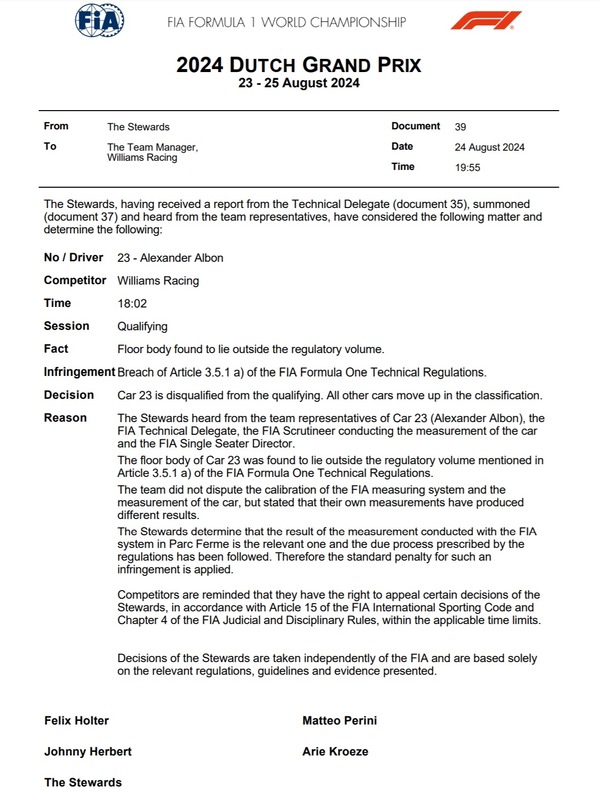 アレックス・アルボン、予選失格 - マシンの技術規則違反：2024年F1オランダGP