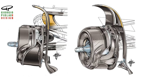 マクラーレンMCL39:左が以前のブレーキダクト、右が新しいもの。新旧は一見非常に似ているが、内部の流路が若干異なっている。また、ホイール周りの規制乱流抑制フィンの形状も変更されている