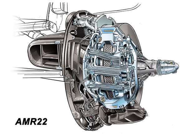 アストンマーティンAMR22は、この非常に特徴的なリブ設計を施したキャリパーの複雑なディテールで先導した...