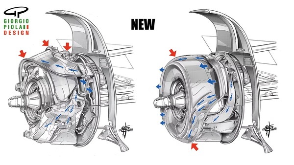 マクラーレンMCL39:最新のブレーキダクト配置は、部分的に組み立てられた状態(左図)、標準の外側ドラムが取り付けられた完全に組み立てられた状態(右図)で示されている