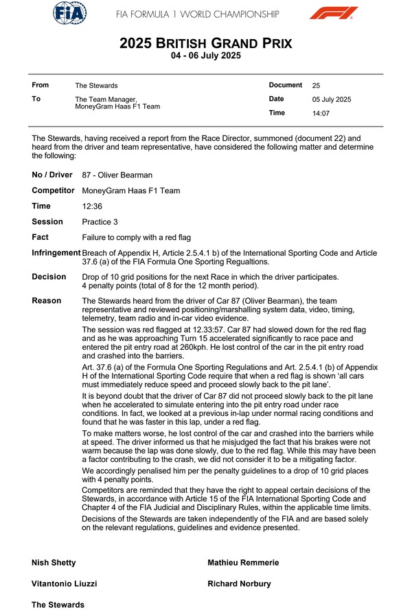 グリッド10番降格ペナルティと4ペナルティポイント:2025年F1イギリスGP