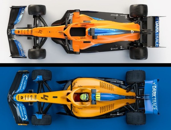 2021年型マクラーレンと2022年型マクラーレン(下)の俯瞰比較(カラーリングは比較のため2021年仕様)、形状が変更されたフロア形状の違いがわかる