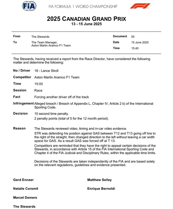 ランス・ストロール、10秒タイムペナルティと2ペナルティポイント:2025年F1カナダGP