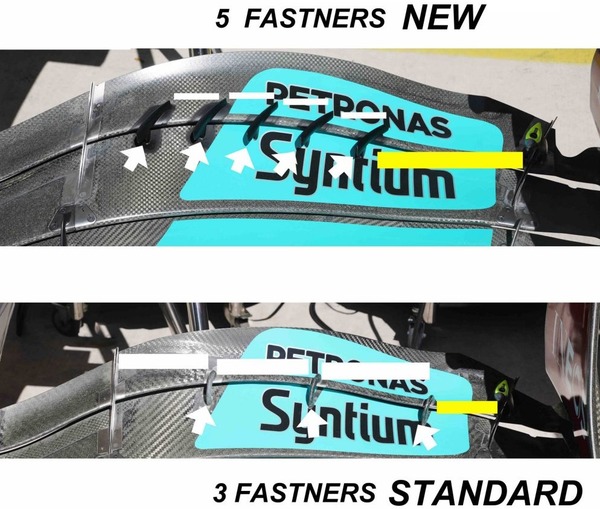 メルセデスW13のスロットギャップセパレーターは標準的ウィングの3つに対し、プロトタイプ（上）では5つになっている