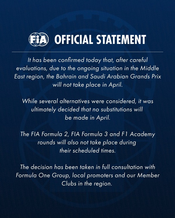 バーレーンGPとサウジアラビアGPは4月開催なしに：FIA公式発表