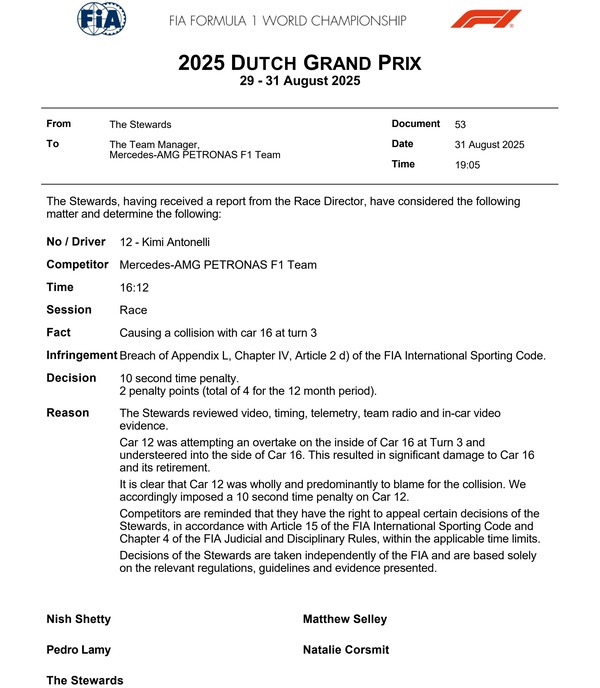 10秒タイムペナルティと2ペナルティポイント：2025年F1オランダGP