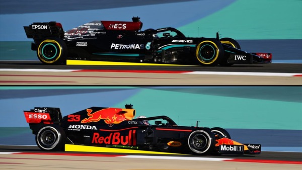 低傾斜角(ローレーキ)のメルセデスW12と高傾斜角(ハイレーキ)のレッドブル・ホンダRB16Bの比較
