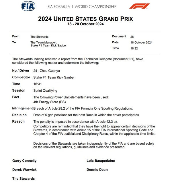 周冠宇、PU交換でグリッド降格ペナルティ：2024年F1アメリカGP