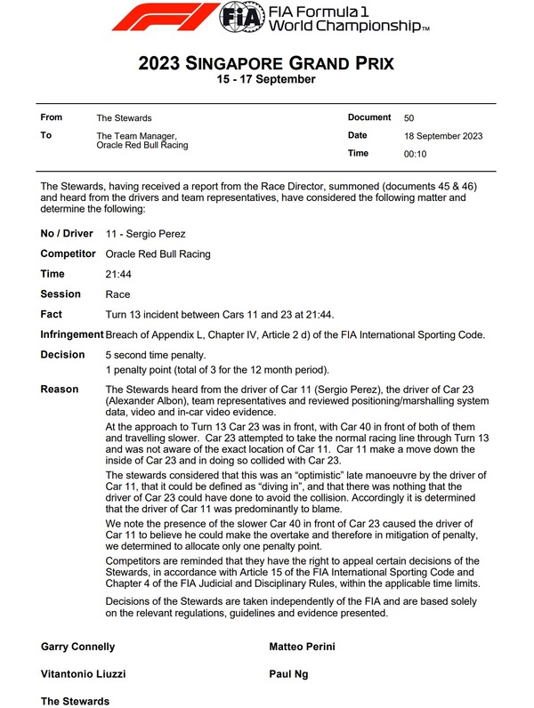 セルジオ・ぺレス、5秒ペナルティと1ペナルティポイント：2023年F1シンガポールGP