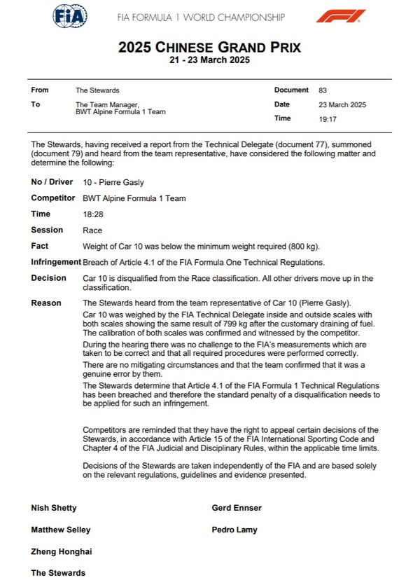 ピエール・ガスリー、車両重量違反で失格：2025年F1中国GP