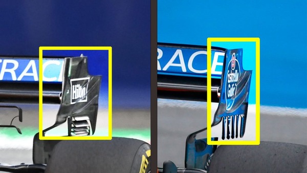 マクラーレンMCL35Mの新しいウィング（左）と古いウィング（右）では、スロットが縦から横に変わっている