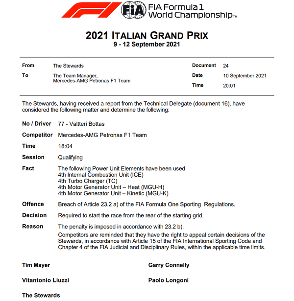 ヴァルテリ・ボタス（メルセデス）、パワーユニット交換でグリッド降格ペナルティで最下位からスタート：2021年F1イタリアGP