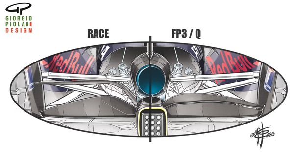 レッドブルRB21：レッドブルがパルクフェルメから持ち出された後、フェルスタッペンのマシンのツインエレメントのビームウィングはシングルエレメントに交換された
