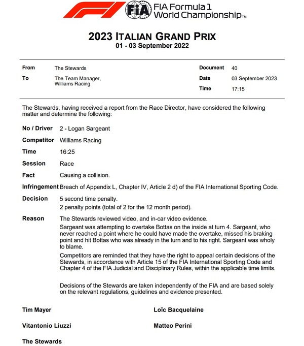 ローガン・サージェント、5秒ペナルティと2ペナルティポイント：2023年F1イタリアGP