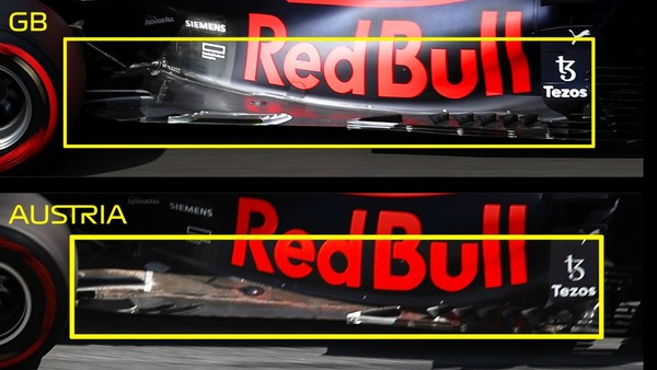 イギリス（上）とオーストリア（下）におけるレッドブルのフロア比較から、シルバーストンに持ち込まれた新設計がわかる：レッドブル・ホンダRB16B