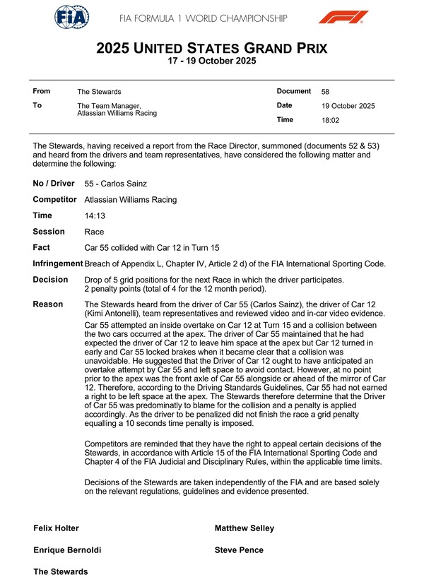 カルロス・サインツ、次戦グリッド降格ペナルティ：2025年F1アメリカGP