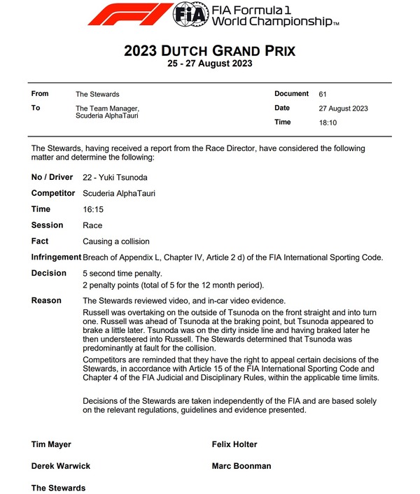 角田裕毅、5秒ペナルティと2ペナルティポイント：2023年F1オランダGP
