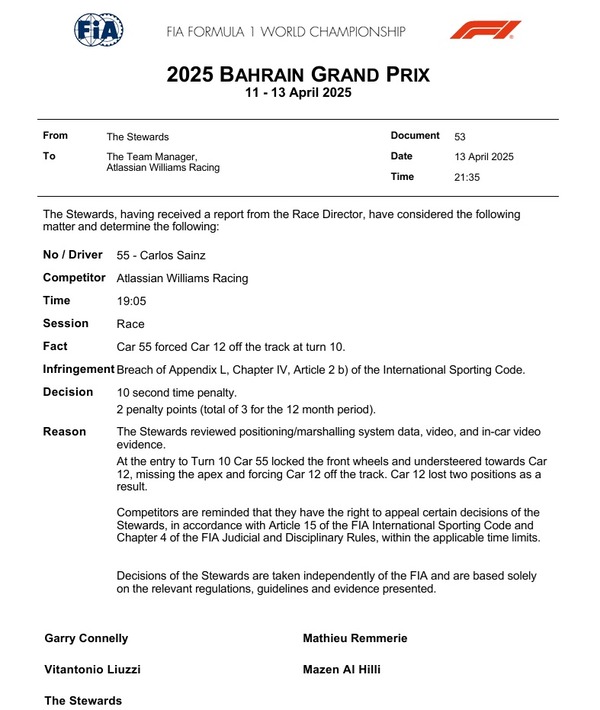 10秒ペナルティと2ペナルティポイント:2025年F1バーレーンGP