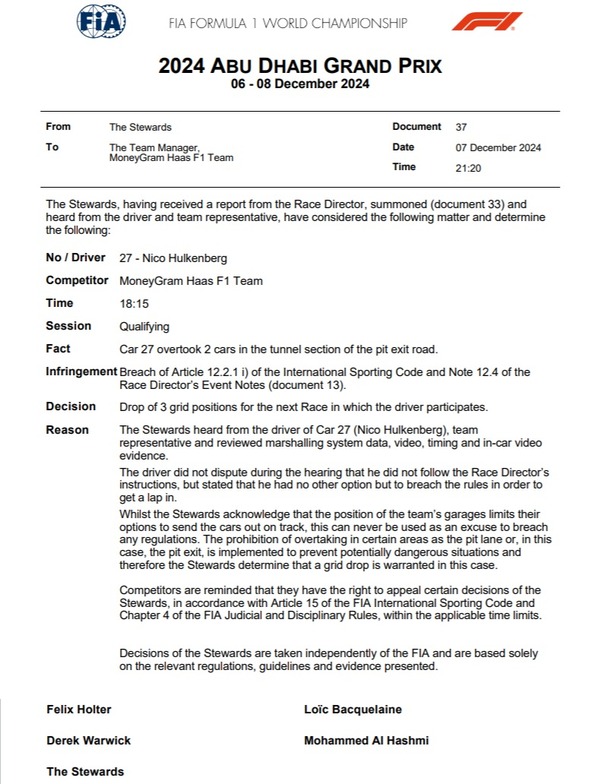 ヒュルケンベルグ、グリッド3番降格ペナルティ：2024年F1アブダビGP