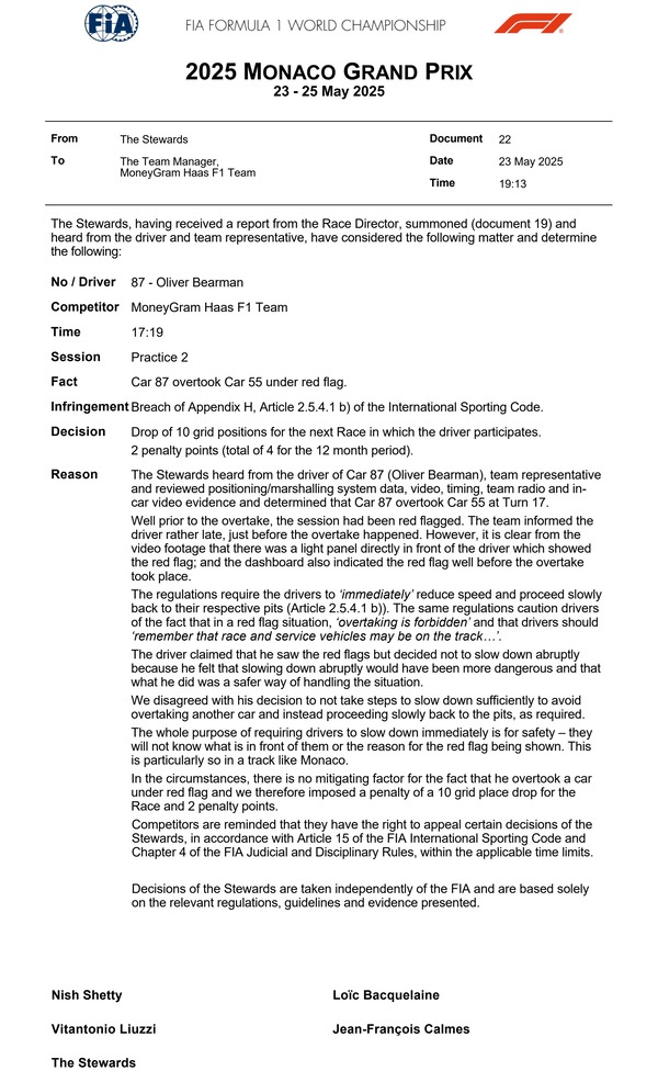 オリバー・ベアマン、グリッド降格ペナルティ：2025年F1モナコGP