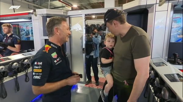 イーロン・マスク、クリスチャン・ホーナー、レッドブルのガレージ：2023年F1マイアミGP
