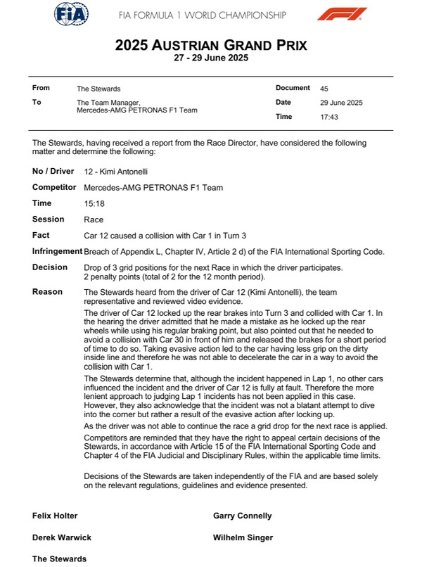 キミ・アントネッリ、次戦グリッド3番降格ペナルティと2ペナルティポイント（12ヶ月間累積2点）：2025年F1オーストラリアGP