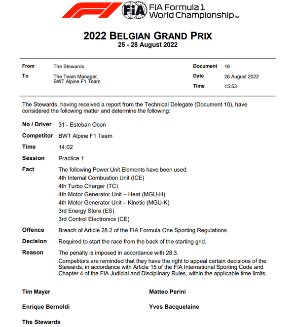 エステバン・オコン PU交換でグリッド最後尾からスタート:2022年F1ベルギーGP