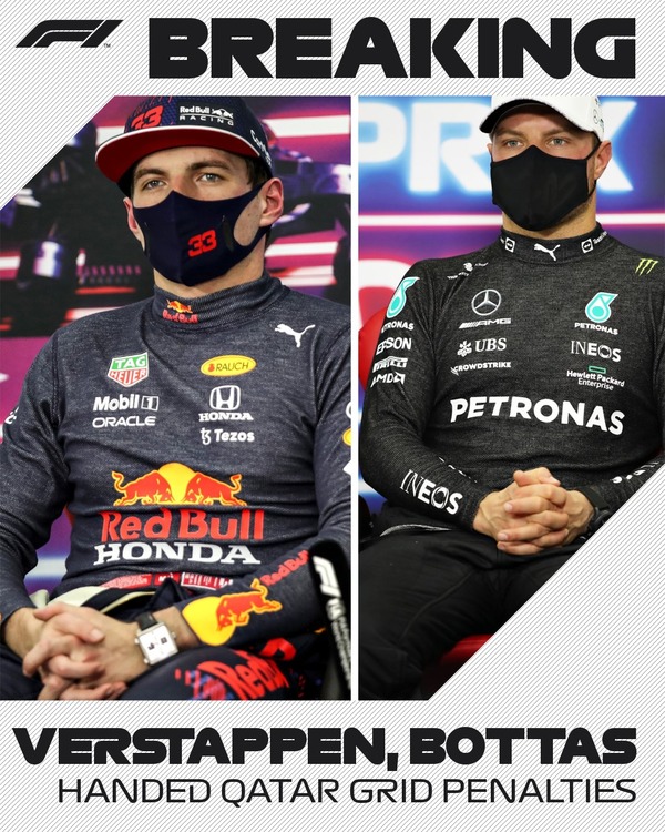 フェルスタッペン5番降格、ボタス3番降格、グリッド降格ペナルティ決定：2021年F1カタールGP