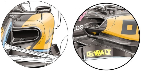 マクラーレンMCL36：左図の旧コンセプトに対し、右図のサイドポットの新しいコンセプトでは、ラジエーターの傾斜角がやや大きくなっており、吸気口上のアッパーボディワークの縮小を容易にしている