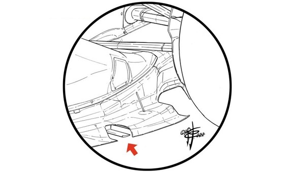 レッドブルRB18のフロア後方にある切り欠き内の「舌」は、フェラーリがバルセロナで導入したものと非常によく似ている