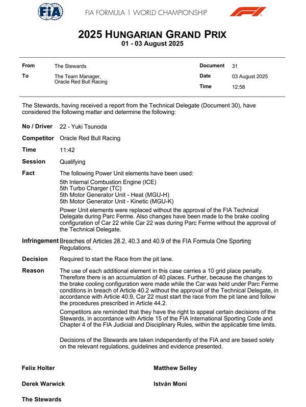 角田裕毅、PU交換でピットレーンからスタート：2025年F1ハンガリーGP