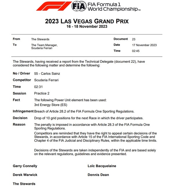 カルロス・サインツ PU交換でグリッド降格：2023年F1ラスベガスGP