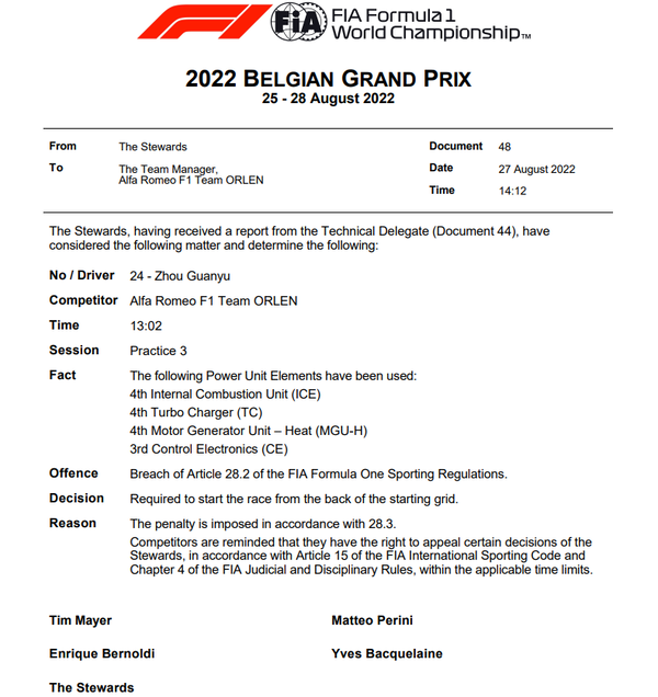 周冠宇 PU交換でグリッド最後尾からスタート:2022年F1ベルギーGP