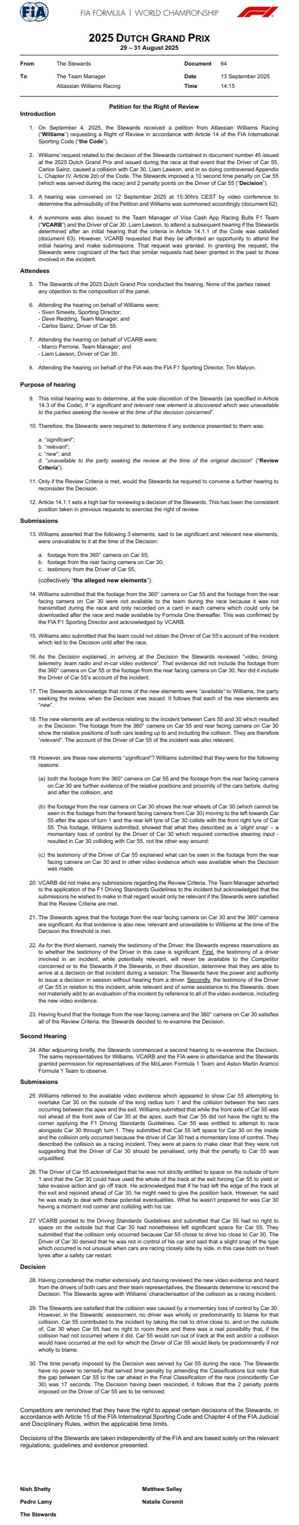 カルロス・サインツ、オランダのペナルティ取り消し：2025年F1