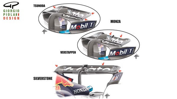 レッドブルRB21：シルバーストンで使用された標準的な低ダウンフォースウイングの主翼は、モンツァ仕様のウイングよりも表面積が大きい。チームはFP3の終盤にフラップ上面を切り落とし、ドラッグをさらに低減させたが、チームメイトの角田裕毅は当初のフラップをそのまま使用した