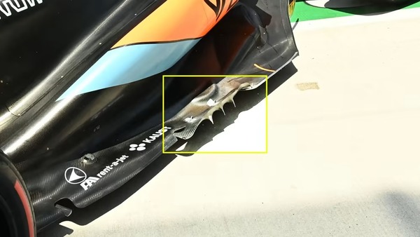 マクラーレンMCL60:黄色線に囲まれている部分が、バクー以降により顕著になった「フリックアップ・ウィングレット」