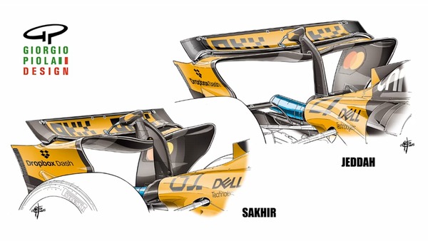マクラーレンMCL39：マクラーレンはバーレーンでは、おそらく上位4チームの中で最もダウンフォースの高いウイングセットアップを採用したのだろう。次のサウジアラビアでは、主翼面積と下面面積が大幅に減少したものの、フラップ面積と角度は他の3チームよりも大きくなっていた