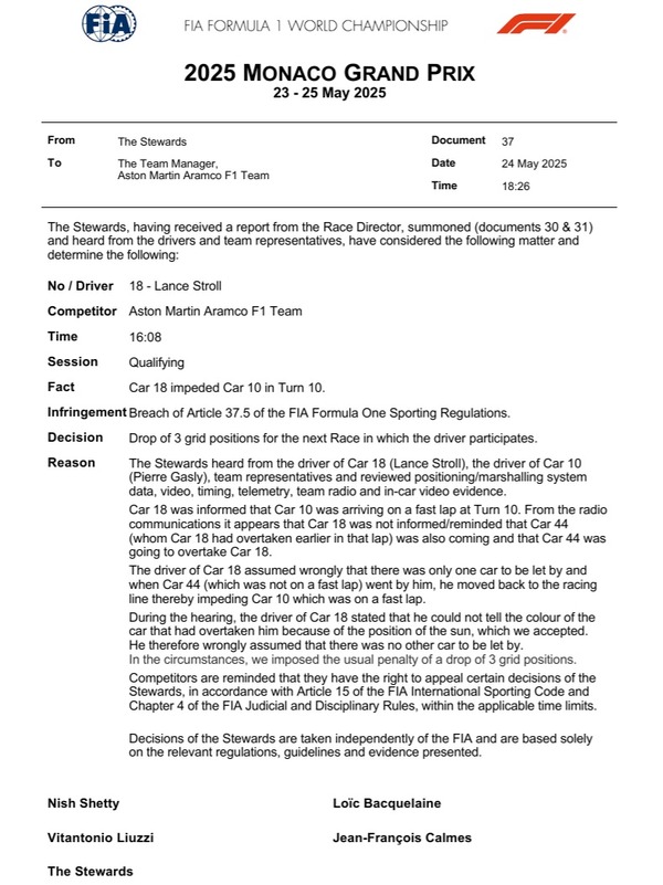 ランス・ストロール、2回目のグリッド降格ペナルティ：2025年F1モナコGP