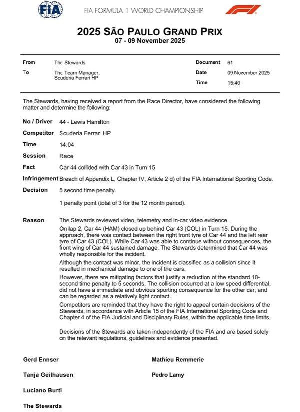 ルイス・ハミルトン、1ペナルティポイント：2025年F1サンパウロGP11月09日