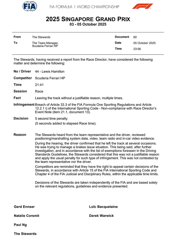 ルイス・ハミルトン、レース後に5秒タイムペナルティ：2025年F1シンガポールGP