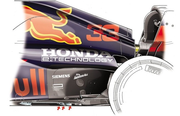 シルバーストンにおけるレッドブル・ホンダRB16Bの3面デフレクターを示すジョルジオ・ピオラのイラスト：2021年F1イギリスGP