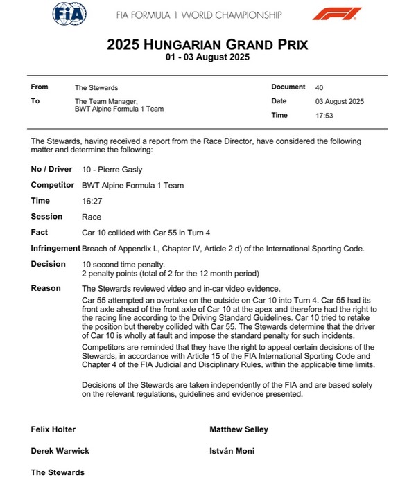 ピエール・ガスリー、10秒タイムペナルティと2ペナルティポイント：2025年F1ハンガリーGP
