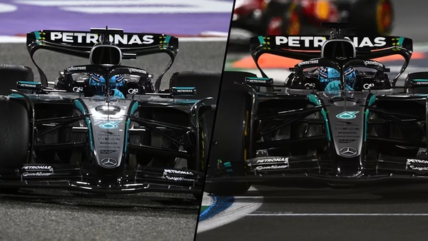 メルセデスW16：バーレーン（左）では、メルセデスのリアウイングは高ダウンフォースのトラックを想定して大型の主翼とフラップを備えていたものの、フェラーリやマクラーレンに比べて主翼下面の面積が小さかった。サウジアラビアでは、主翼ははるかに小さく（フラップ面積と角度も縮小）、それでも他のトップチームのものより大きかった