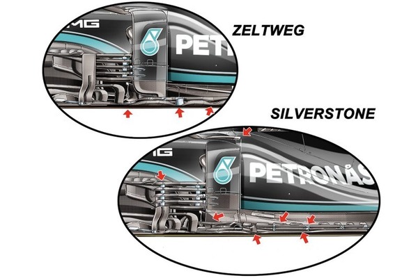 メルセデスW12のオーストリア（上）とシルバーストン（下）におけるメルセデスのバージボードを示すジョルジオ・ピオラのイラスト