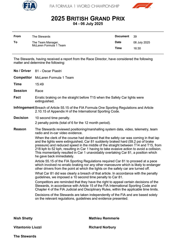 10秒タイムペナルティと2ペナルティポイント:2025年F1イギリスGP